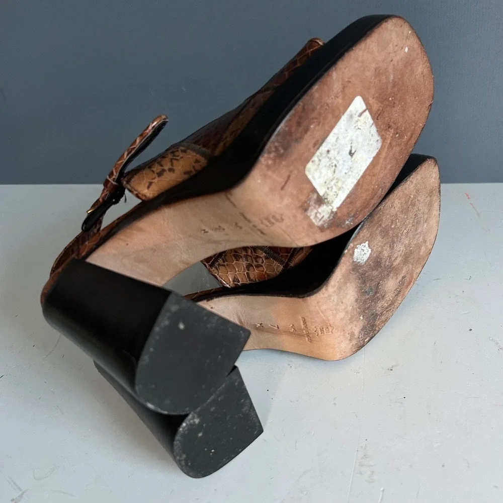 Y2K Via Spiga Patchwork Snakeskin Slingback Block Heel Sandal Brown Size 7 Italy